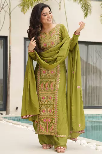 Green designer chinon zari & multi thread embroidered work readymade suit