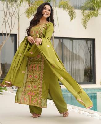 Green designer chinon zari & multi thread embroidered work readymade suit 3