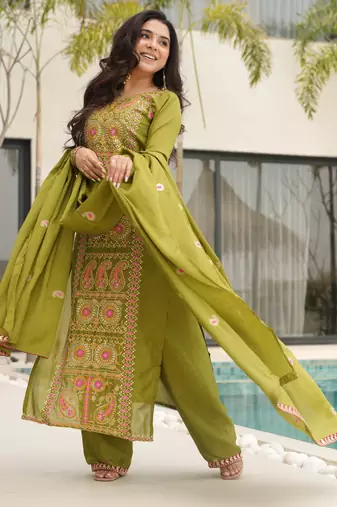 Green designer chinon zari & multi thread embroidered work readymade suit