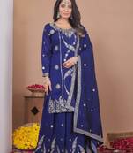 Blue designer vichitra blooming sequins embroidered work readymade suit