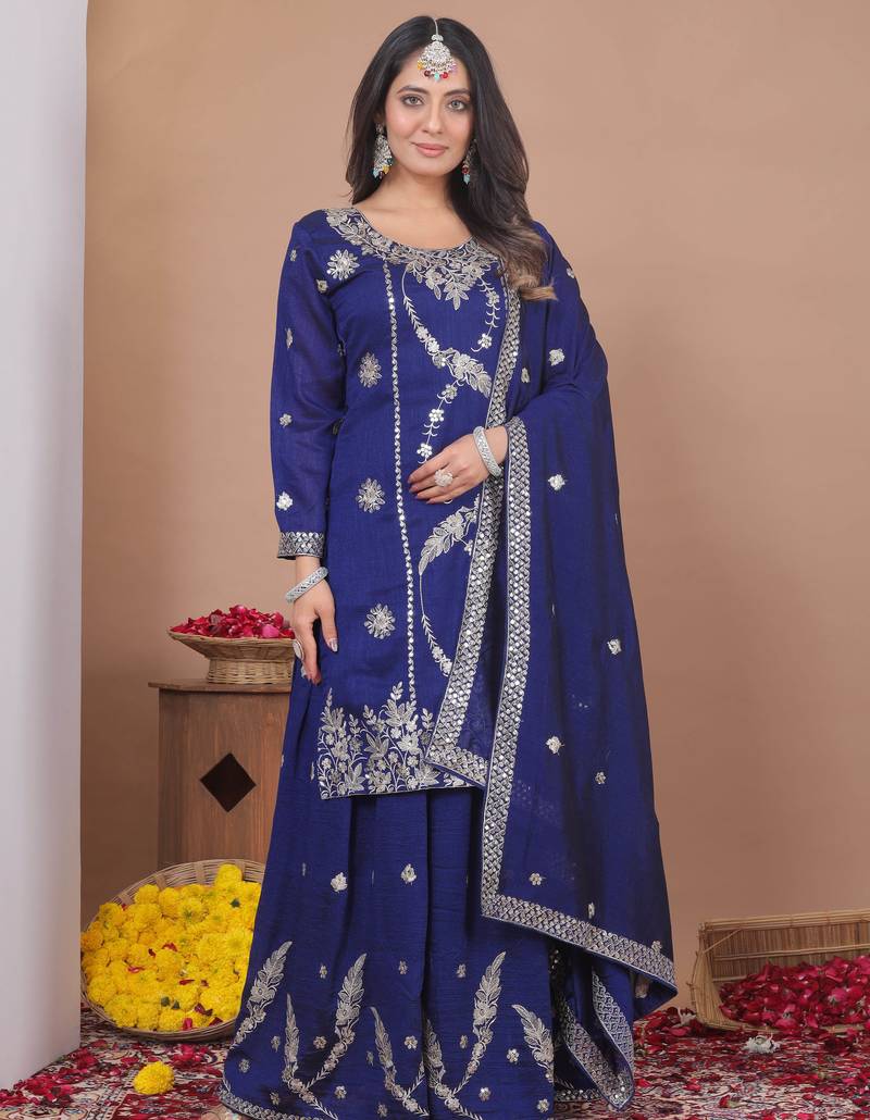 Blue designer vichitra blooming sequins embroidered work readymade suit