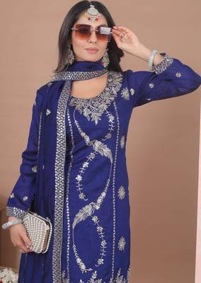 Blue designer vichitra blooming sequins embroidered work readymade suit 2