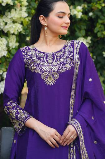 Purple designer chinon sequins embroidered work readymade suit