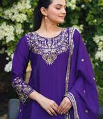 Purple designer chinon sequins embroidered work readymade suit