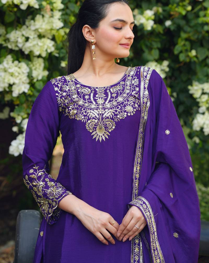 Purple designer chinon sequins embroidered work readymade suit