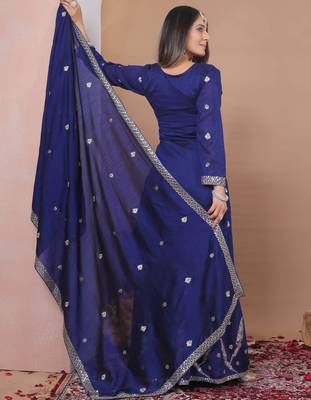 Blue designer vichitra blooming sequins embroidered work readymade suit 3