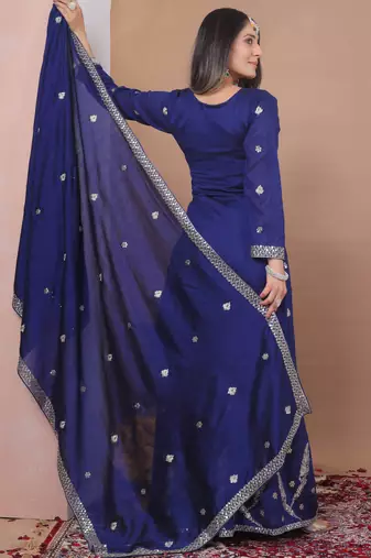 Blue designer vichitra blooming sequins embroidered work readymade suit