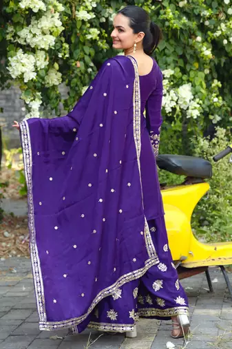 Purple designer chinon sequins embroidered work readymade suit