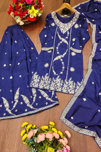 Blue designer vichitra blooming sequins embroidered work readymade suit