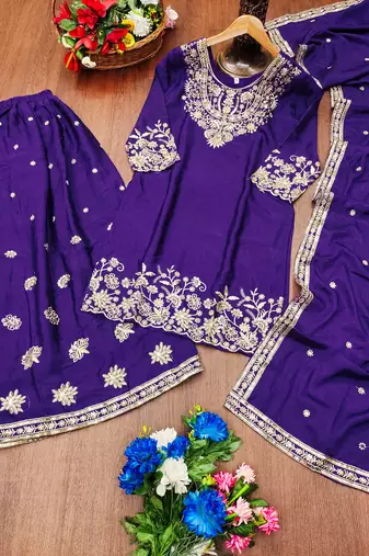 Purple designer chinon sequins embroidered work readymade suit