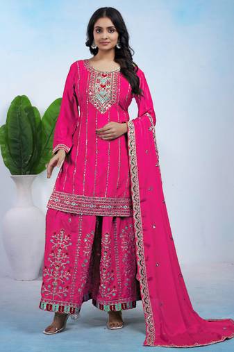 Pink designer chinon sequins embroidered work readymade suit