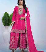 Pink designer chinon sequins embroidered work readymade suit