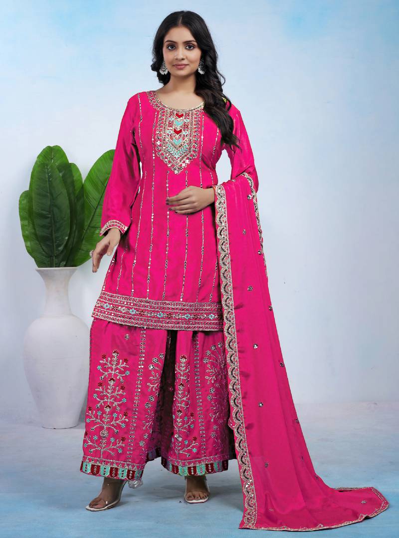 Pink designer chinon sequins embroidered work readymade suit