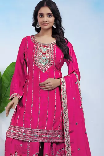 Pink designer chinon sequins embroidered work readymade suit