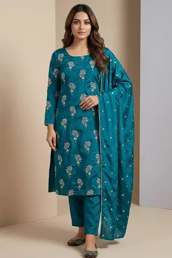 Teal designer heavy chinon sequins embroidered work readymade suit