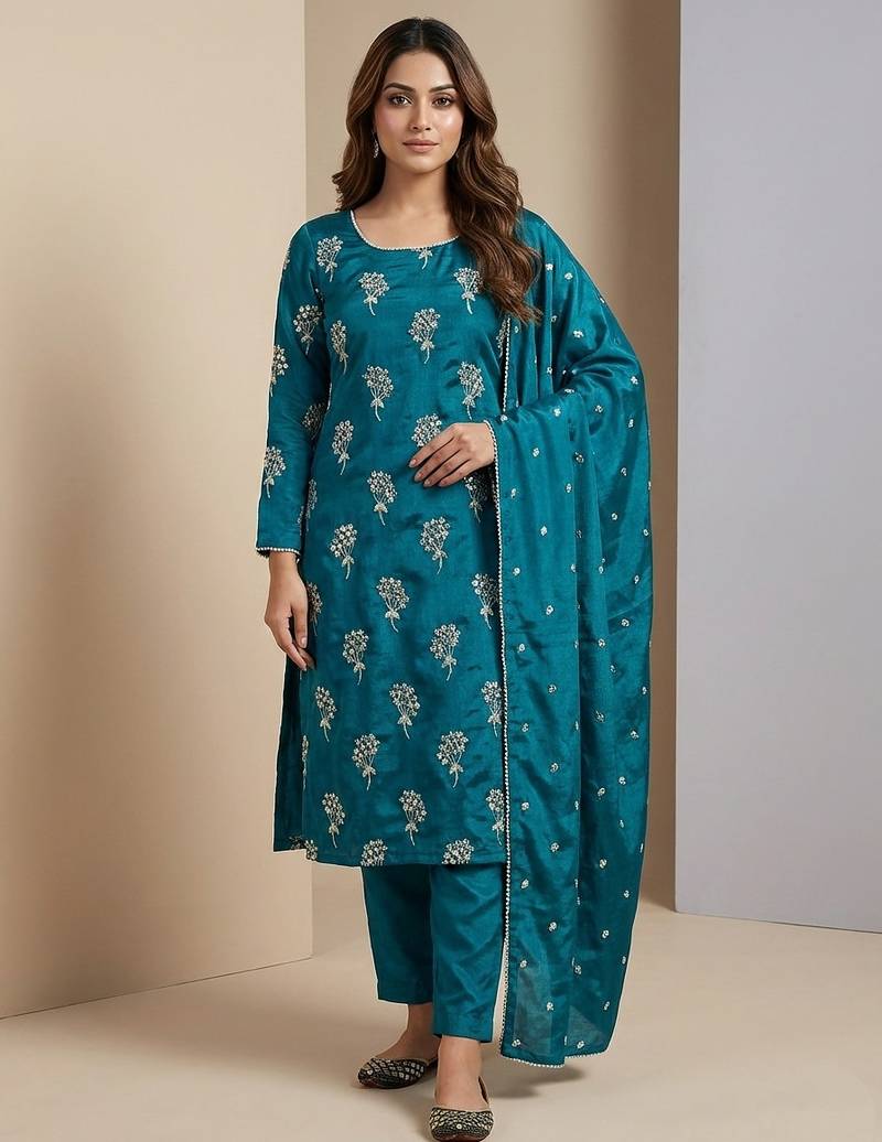 Teal designer heavy chinon sequins embroidered work readymade suit