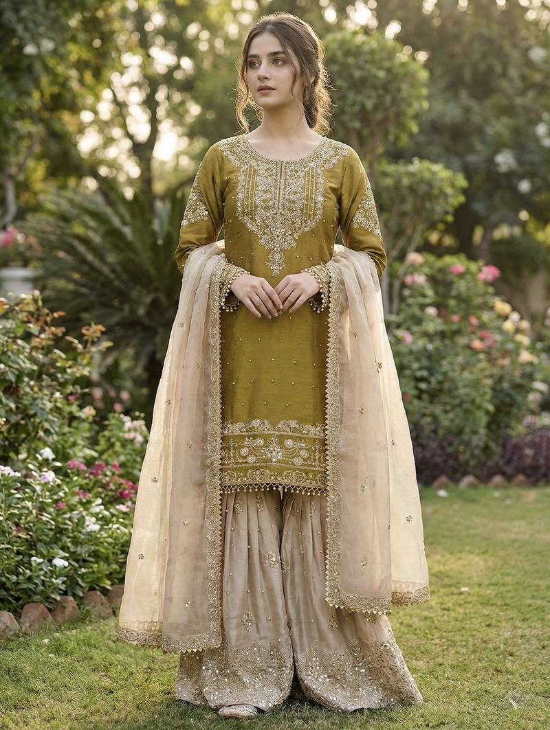 Yellow designer heavy gmy silk sequins embroidered work readymade suit