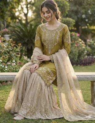 Yellow designer heavy gmy silk sequins embroidered work readymade suit 2