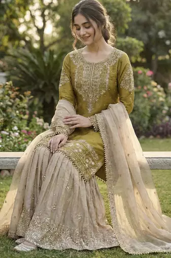 Yellow designer heavy gmy silk sequins embroidered work readymade suit