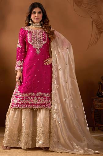 Pink designer heavy gmy silk sequins embroidered work readymade suit