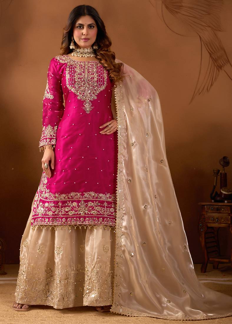 Pink designer heavy gmy silk sequins embroidered work readymade suit