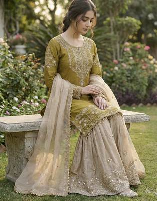 Yellow designer heavy gmy silk sequins embroidered work readymade suit 3