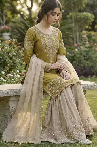 Yellow designer heavy gmy silk sequins embroidered work readymade suit