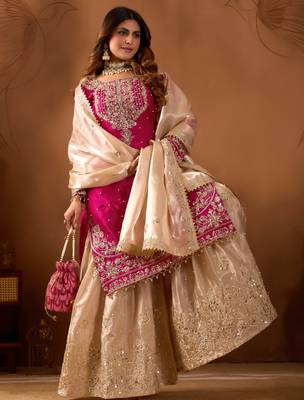 Pink designer heavy gmy silk sequins embroidered work readymade suit 2