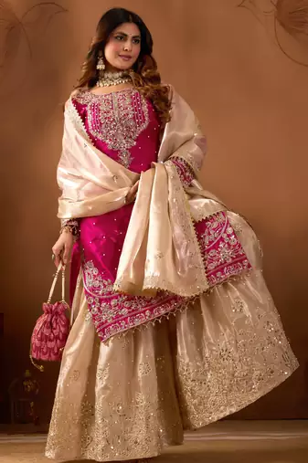 Pink designer heavy gmy silk sequins embroidered work readymade suit