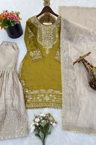 Yellow designer heavy gmy silk sequins embroidered work readymade suit