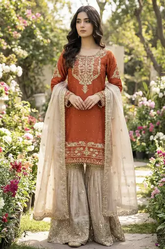 Orange designer heavy gmy silk sequins embroidered work readymade suit