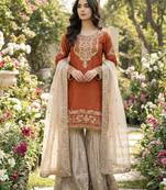 Orange designer heavy gmy silk sequins embroidered work readymade suit