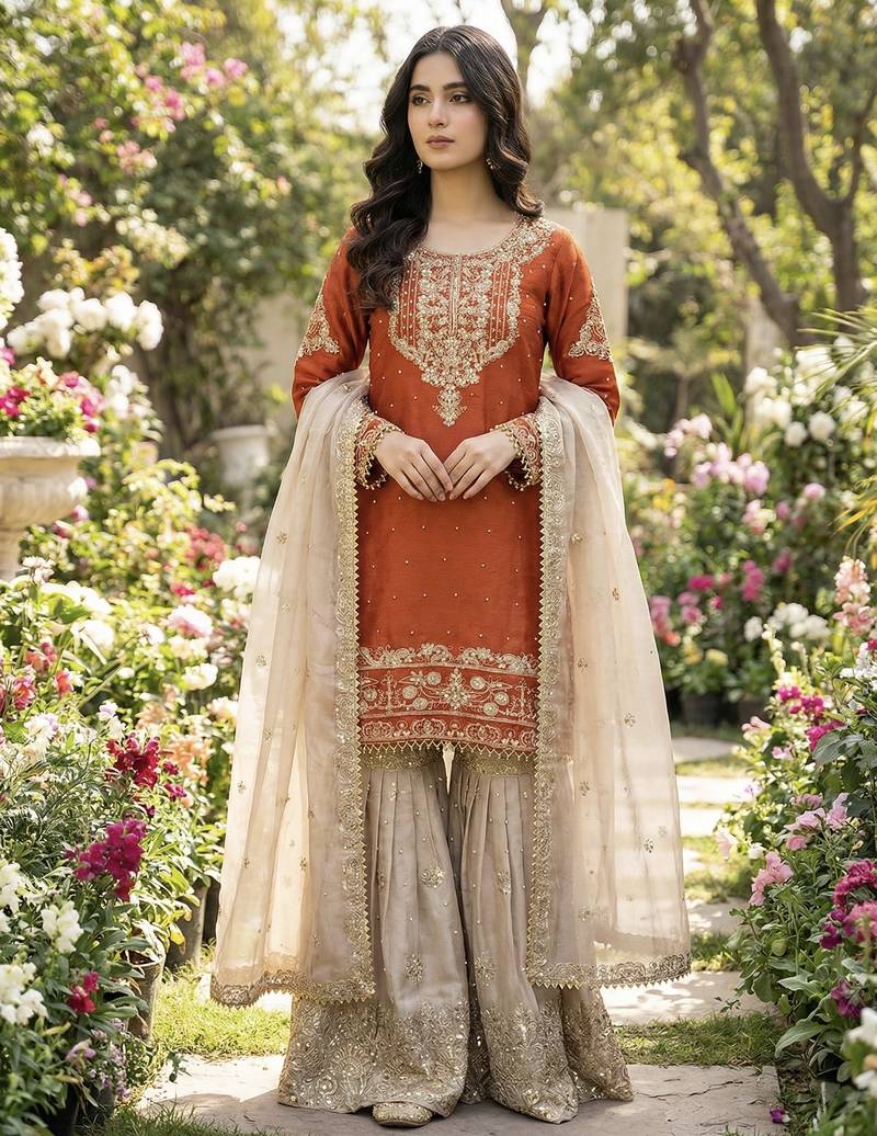 Orange designer heavy gmy silk sequins embroidered work readymade suit