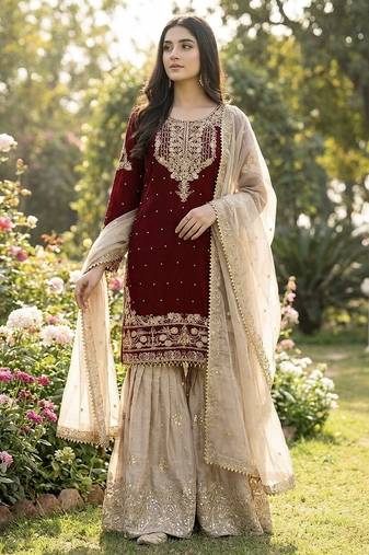 Maroon designer heavy gmy silk sequins embroidered work readymade suit