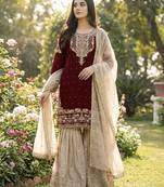 Maroon designer heavy gmy silk sequins embroidered work readymade suit