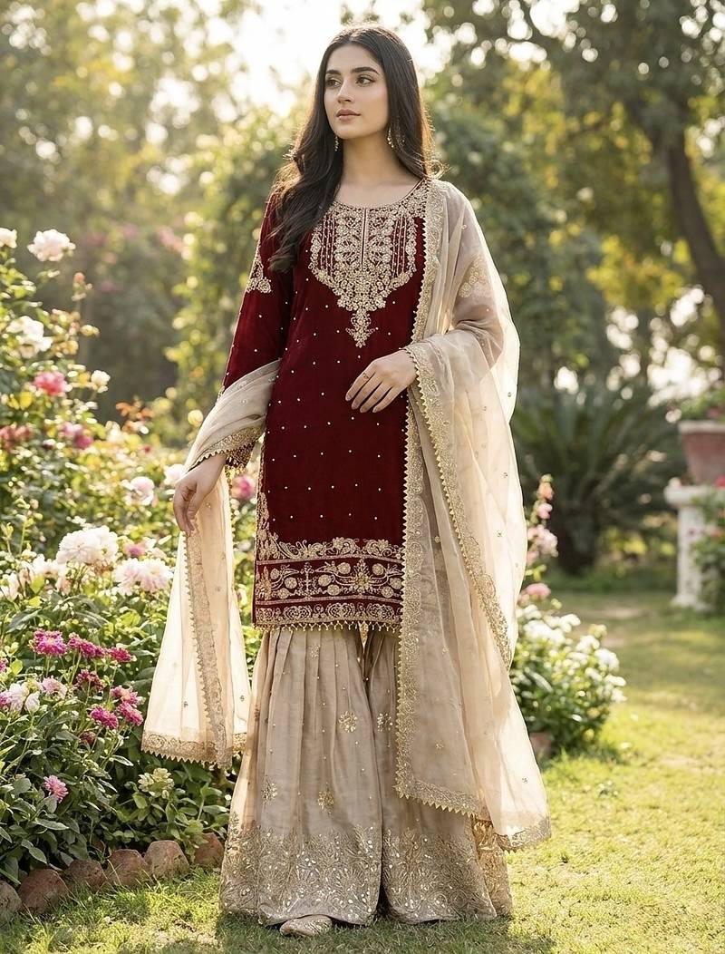 Maroon designer heavy gmy silk sequins embroidered work readymade suit