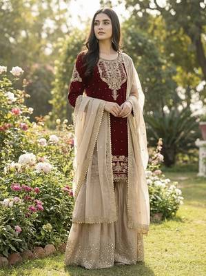 Maroon designer heavy gmy silk sequins embroidered work readymade suit 2