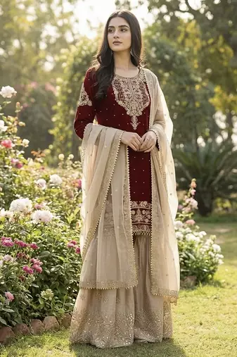 Maroon designer heavy gmy silk sequins embroidered work readymade suit