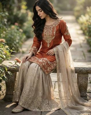 Orange designer heavy gmy silk sequins embroidered work readymade suit 2