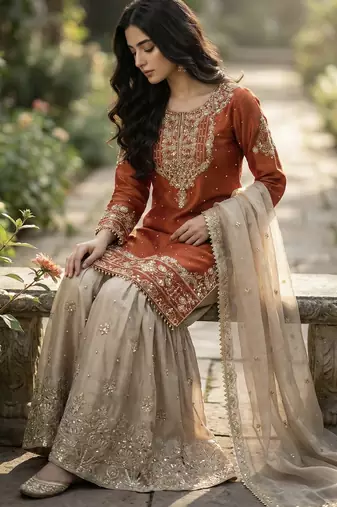 Orange designer heavy gmy silk sequins embroidered work readymade suit