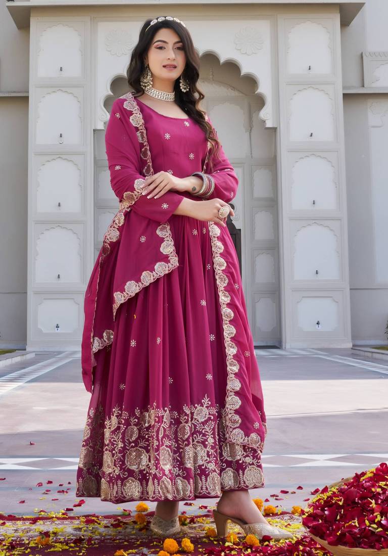 Pink designer fox georgette sequins embroidered work readymade suit