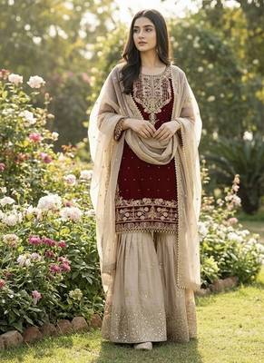 Maroon designer heavy gmy silk sequins embroidered work readymade suit 3