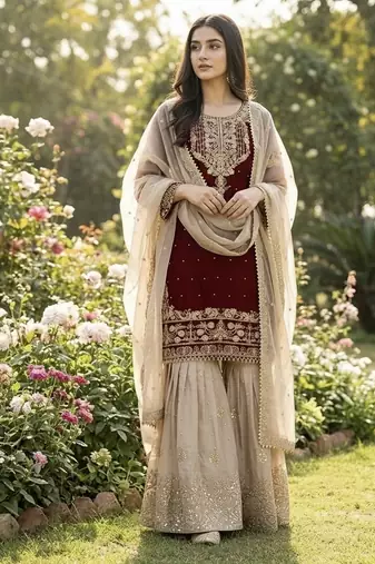 Maroon designer heavy gmy silk sequins embroidered work readymade suit
