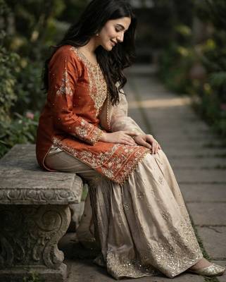 Orange designer heavy gmy silk sequins embroidered work readymade suit 3