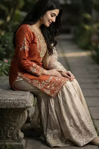 Orange designer heavy gmy silk sequins embroidered work readymade suit