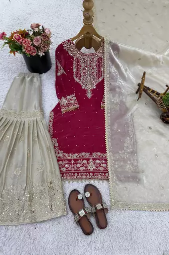 Pink designer heavy gmy silk sequins embroidered work readymade suit