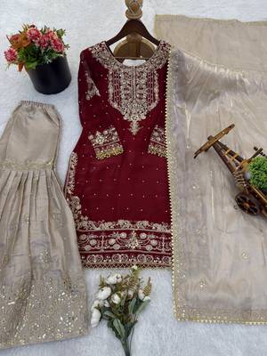Maroon designer heavy gmy silk sequins embroidered work readymade suit 4