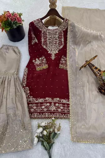 Maroon designer heavy gmy silk sequins embroidered work readymade suit