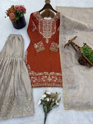 Orange designer heavy gmy silk sequins embroidered work readymade suit 4