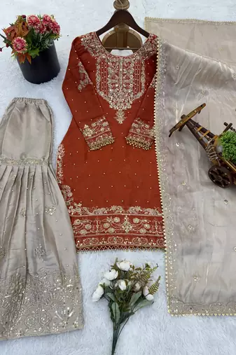 Orange designer heavy gmy silk sequins embroidered work readymade suit